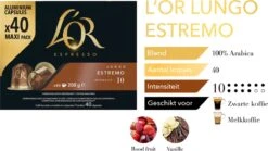 L'OR Lungo Estremo Koffiecups - Intensiteit 10/12 - 4 X 40 Capsules -Koffieserie Winkel 1200x676