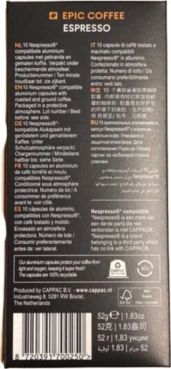 100 Capsules Epic Coffee - Espresso - Nespresso® Compatible Aluminium Capsules - RFA Keurmerk - Doos 100 Stuks -Koffieserie Winkel 556x1200